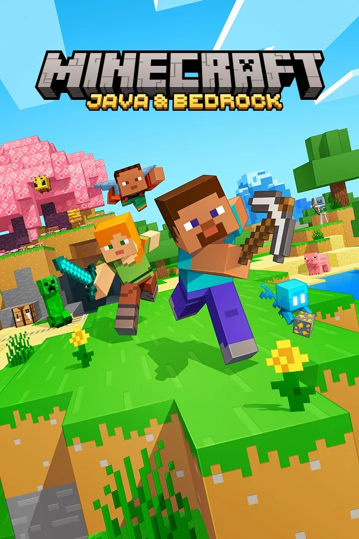 Вертикальная обложка Minecraft: Стив и Алекс с инструментами на фоне блочного мира