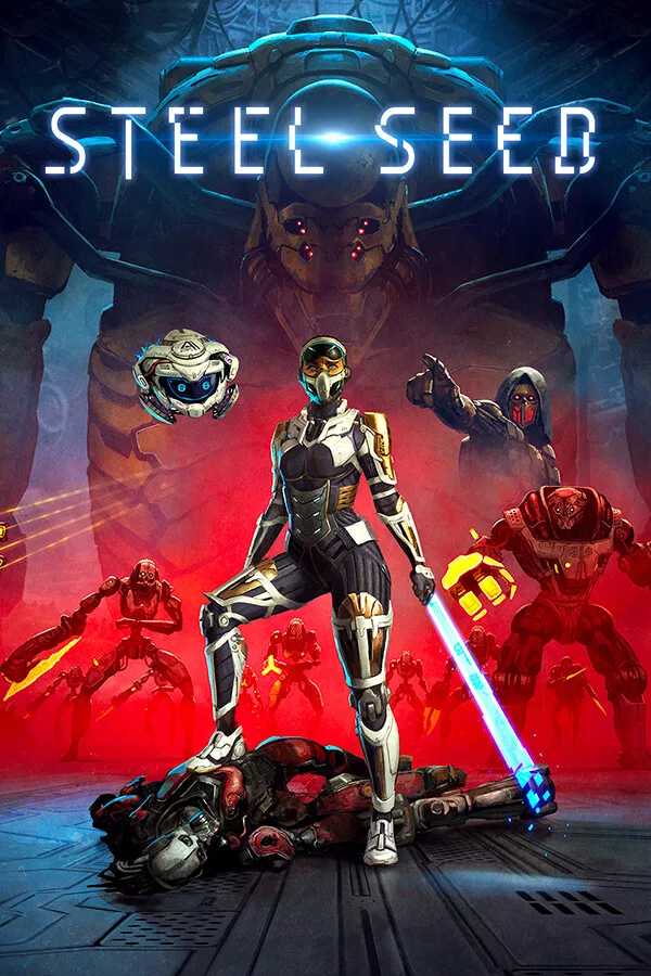 Steel Seed: героиня, дрон и роботы на официальной обложке игры.